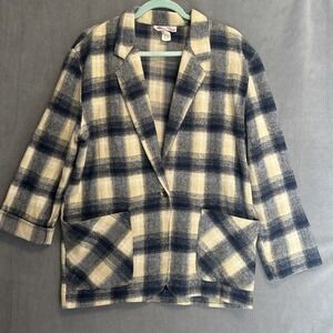 VTG Plaid Flannel Blazer Women Size M Blue Oversized Academia Heritage Cabincore